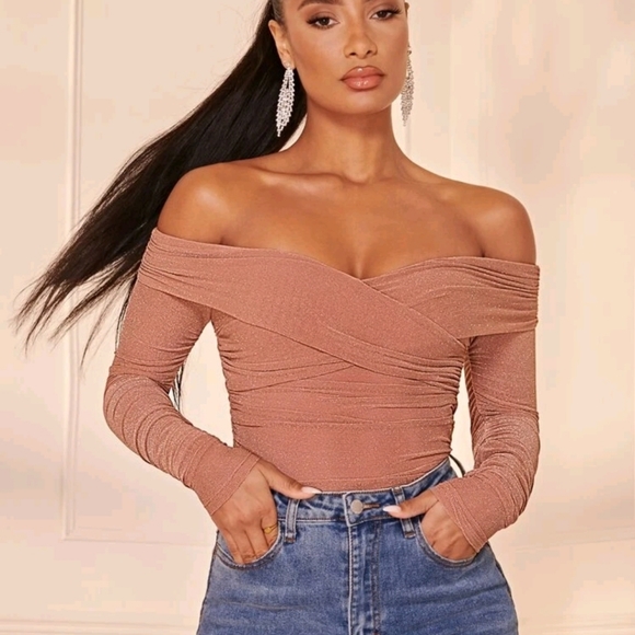 SHEIN Off Shoulder Ruched Glitter Bodysuit (Size Large 8/10) - Picture 1 of 5